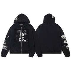 ERD Praying Figure Graphic Zip-Up Hoodie — Washed Black