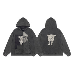 ERD Lamb Graphic Zip-Up Hoodie — Washed Black