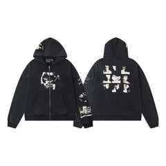 ERD Nine Portraits Graphic Zip-Up Hoodie — Washed Black