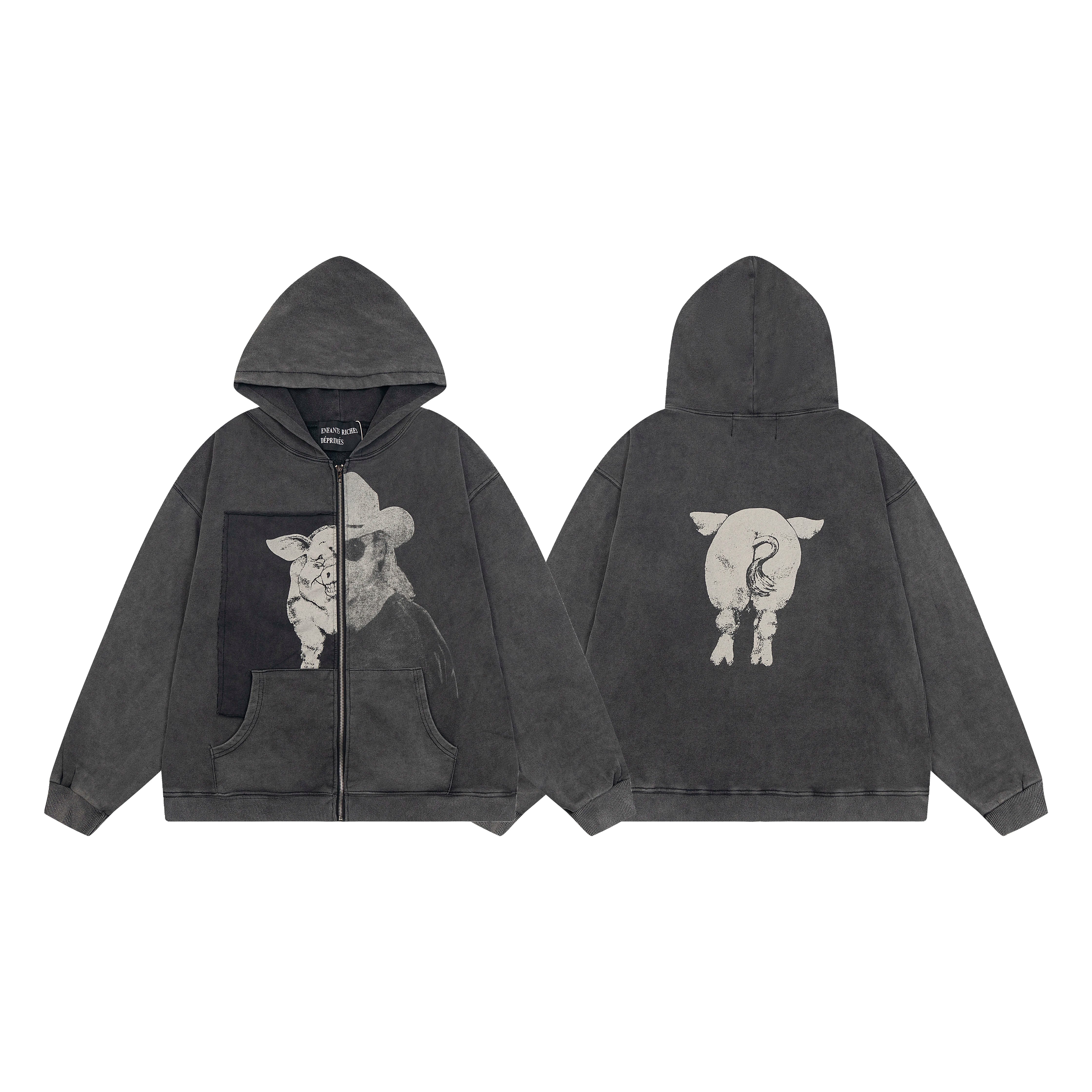 ERD Lamb Graphic Zip-Up Hoodie — Washed Black