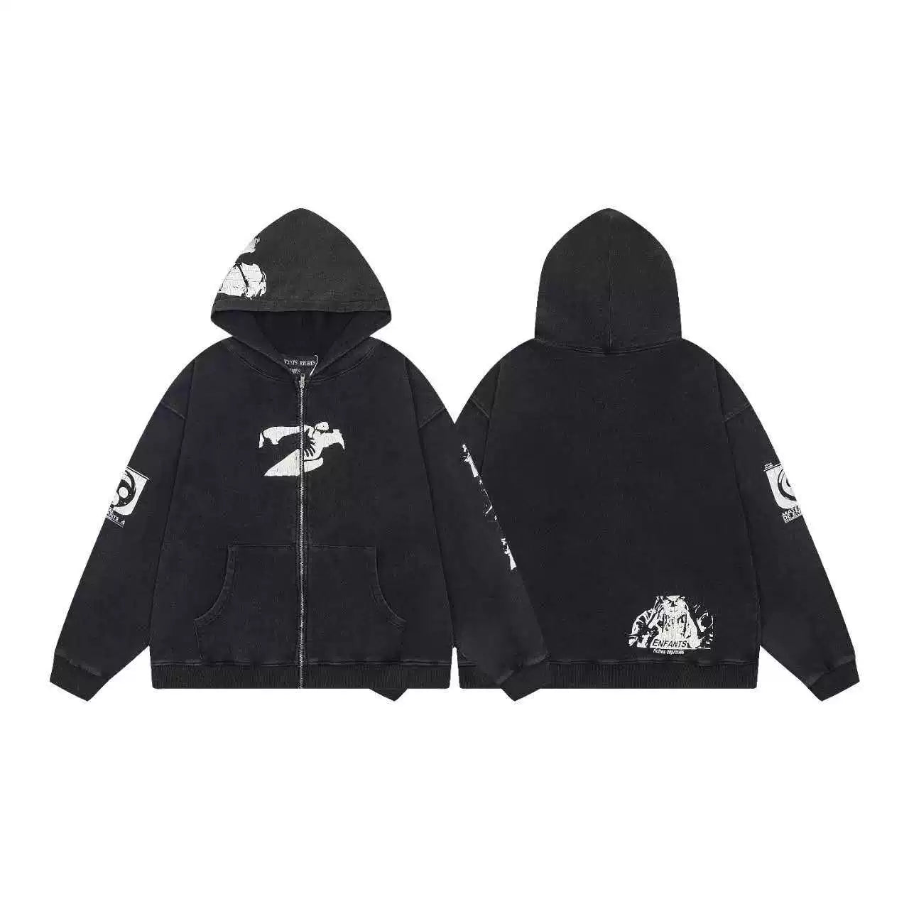 ERD Eagle Crest Graphic Zip-Up Hoodie — Washed Black