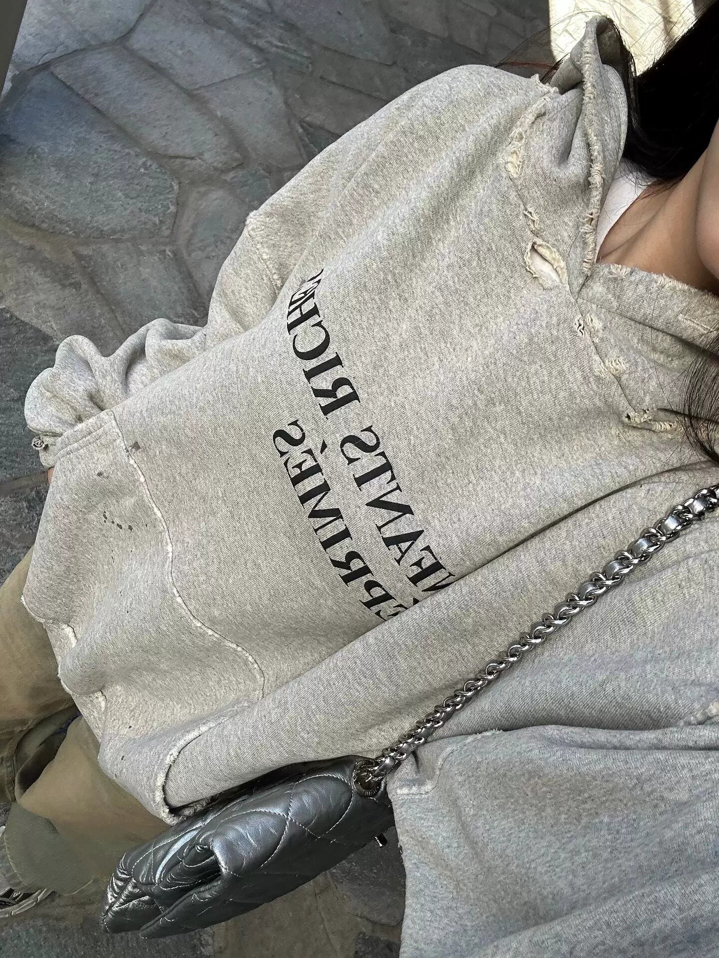 ERD Distressed Letter Print Heavyweight Hoodie - Light Grey