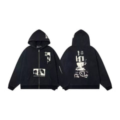ERD Japanese Noir Graphic Zip-Up Hoodie — Washed Black